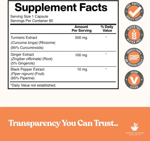 Miniatura 2 de American Standard Supplements Extracto de cúrcuma – Curcumina 95% con extracto de raíz de jengibre y extracto de pimienta negra – 60 cápsulas