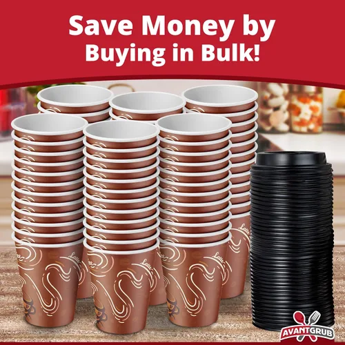 Miniatura 5 de Avant Grub Paquete de 100 tazas de café de papel de grado restaurante de 12 onzas con tapas de cúpula reciclables. Vasos desechables duraderos sin