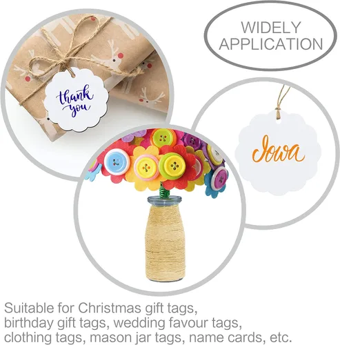 Miniatura 5 de 200 etiquetas de regalo de papel kraft blanco festoneado con cuerda de yute natural de 100 pies para embalaje de manualidades, la etiqueta mide 2.4