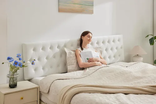 Miniatura 24 de Kingfun Cabeceras con diseño moderno de botones, cabecera de cama tapizada y acolchada de tela de lino premium, cabecera de madera maciza ajustable