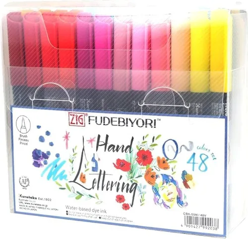 Kuretake ZIG FUDEBIYORI - Juego de rotuladores con punta de pincel de 48 colores, certificado AP, sin olor, sin xileno, punta de pincel dura