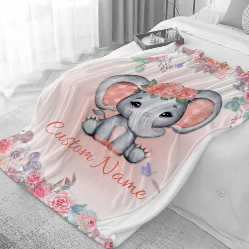 Miniatura 4 de Manta personalizada de elefante naranja floral con nombre para niñas, manta con nombre personalizado para niños pequeños, regalos personalizados