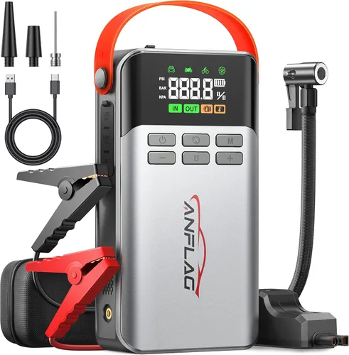 Arrancador de coche 8 en 1 con compresor de aire, pico de 5500 A, inflador de neumáticos de 150 PSI, banco de energía portátil de 12 V, pantalla LCD