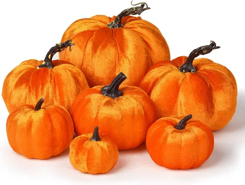 DearHouse Juego de 7 calabazas artificiales para cosecha, otoño, varios tamaños, decoración de calabaza, calabazas grandes de terciopelo para otoño,