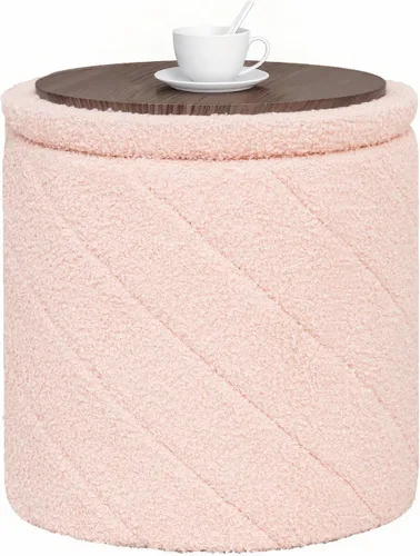 B FSOBEIIALEO Otomana con almacenamiento, Otomana redonda de almacenamiento de bouclé con bandeja, Taburete reposapiés para dormitorio, Otomana para