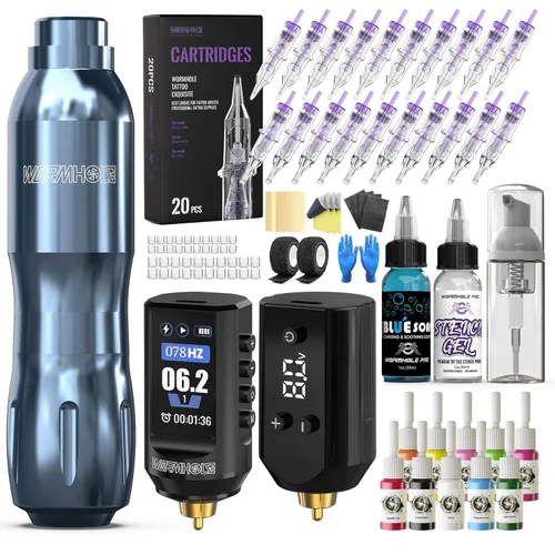 Kit de tatuaje inalámbrico de agujero de gusano de 1,800 mAh, juego de iniciación de 91 piezas, baterías recargables duales, 20 agujas de cartucho