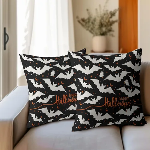 Miniatura 6 de Happy Halloween - Juego de 2 fundas de almohada decorativas de lino y algodón negro con diseño de murciélago blanco de 16 x 16 pulgadas, fundas