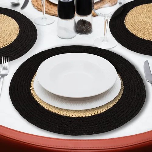 Miniatura 8 de Juego de 12 manteles individuales de comedor con cordón de yute natural y negro