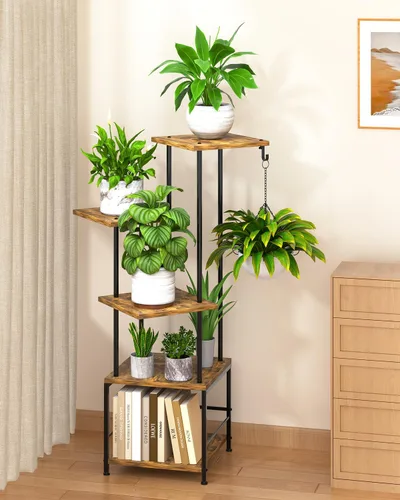 Miniatura 10 de Homsorout Soporte para plantas de interior con luz de crecimiento, soporte alto para plantas de 5 niveles para interiores, estante de metal