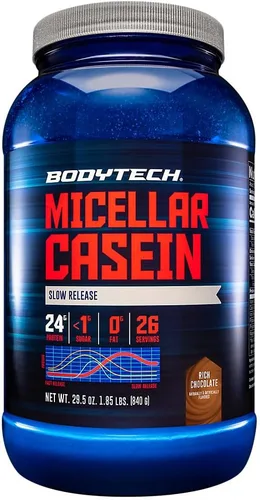 BodyTech Proteína de caseína micelar en polvo, liberación lenta para recuperación muscular durante la noche, 0.85 oz de proteína por porción,