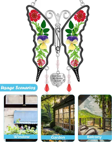 Miniatura 7 de KY&BOSAM Regalos para mamá atrapaluz de mariposa "God bless my mother-in-law" de vitral para ventanas, campanilla de viento, adorno colgante
