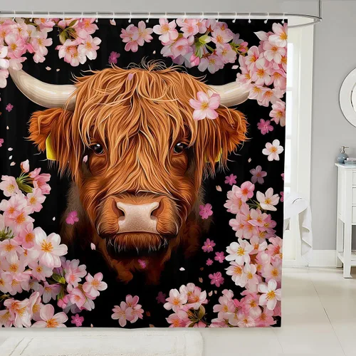 Miniatura 34 de Highland - Cortina de ducha impermeable con flores de vaca, 72 pulgadas de ancho x 72 pulgadas de largo, cortina de ducha de acuarela de ganado