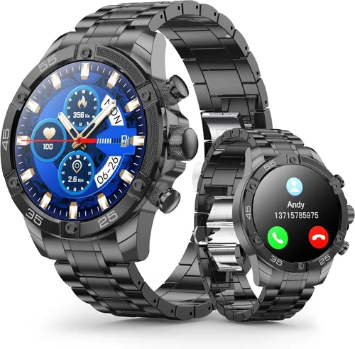Reloj inteligente para hombre, redondo, HD, 1.53 pulgadas, color azul dorado, relojes inteligentes para hombres, múltiples modos deportivos, llamada