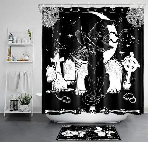 Miniatura 10 de LB Cortina de ducha de feliz Halloween para baño, flamenco rosa y calabaza naranja con sombrero mágico, cortina de ducha de tela con ganchos, juego