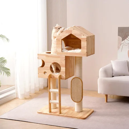 Miniatura 2 de SHENGOCASE Moderno castillo grande de madera maciza de goma maciza para gatos con cama grande cerrada, condominio, poste rascador y rascador