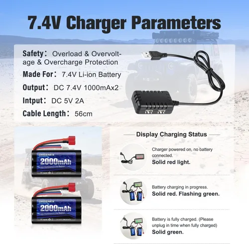Miniatura 5 de Batería de iones de litio de 7.4 V 2000 mAh con enchufe en T estilo Dean, batería recargable RC 2S para WLtoys 4WD de alta velocidad y la mayoría