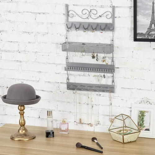 Miniatura 5 de MyGift Organizador de joyería colgante de metal plateado de 4 niveles con 18 ganchos, soporte para pendientes y collar, estante para exhibición