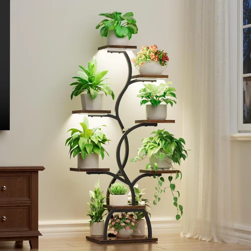 EVAWOO Soporte para plantas de interior con luz de crecimiento, estante para plantas de 8 niveles para interiores, soporte de esquina para plantas,