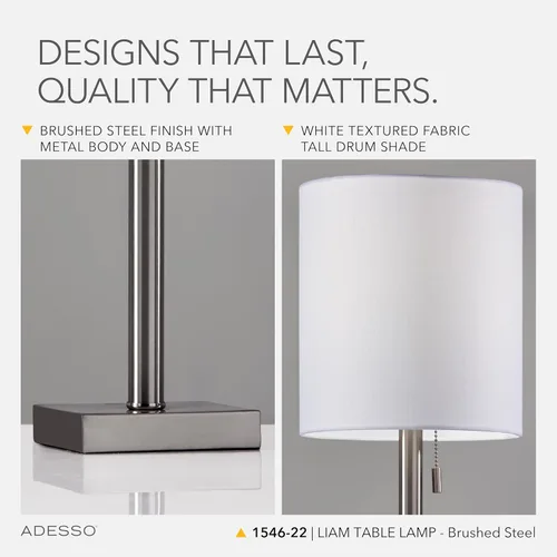 Miniatura 5 de Adesso Lámpara de mesa de acero cepillado con pantalla blanca, luz de acento moderna para dormitorio, sala de estar y decoración de la casa, 22