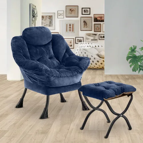 Miniatura 2 de Silla perezosa con otomana plegable, sofá de ocio, sillón de tela suave con reposabrazos y bolsillos laterales, silla de lectura con reposapiés