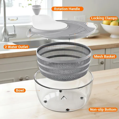Miniatura 5 de HomeHacks Centrifugadora de Ensalada Grande, Centrifugadora de Lechuga Grande, Limpiador de Frutas Grande con Orificios de Drenaje Dobles, 5 Gris
