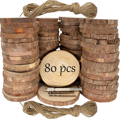 Rebanadas de madera natural sin terminar, 80 círculos de madera de 3.2 a 4 pulgadas para manualidades, adornos de Navidad, kit de madera con broca,