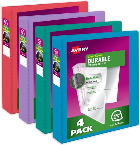 Avery Paquete múltiple de carpetas duraderas de tapa transparente, de 3 argollas de 1.5 pulgadas, varios colores, 4 unidades (05687)