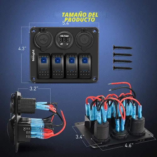Miniatura 6 de Nilight - Panel de interruptor basculante de 4 bandas 90117G, panel de interruptores de aluminio precableado impermeable con doble USB encendedor