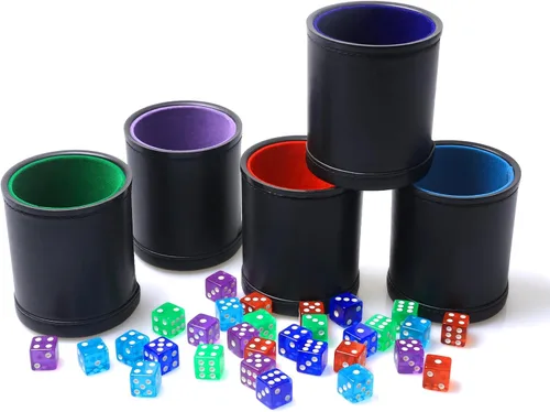 Paquete de 5 Copas Agitadoras de Dados de Cuero PU Forradas de Fieltro de Terciopelo con 30 Dados de Puntos para Bar Fiesta Juegos de Dados Yahtzee