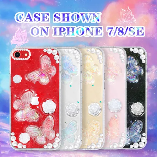 Miniatura 5 de Funda 3 en 1 para iPhone SE/7/8: diseño de mariposa 3D, purpurina, brillante, cristal, estilo lindo femenino, cadena y protector de pantalla