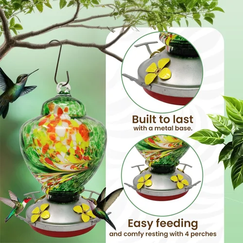 Miniatura 9 de Nature Gear - Comedero para colibríes, comederos de vidrio colgantes para exteriores, comedero de vidrio soplado a mano con foso para hormigas