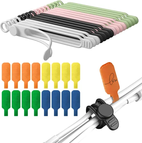 Miniatura 7 de Juego de 32 etiquetas para cables y bridas de silicona para cables, reutilizables, 16 bridas para cables + 16 etiquetas de cable para electrónica