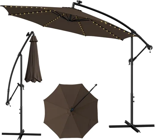 Miniatura 12 de Tangkula Sombrilla solar de 10 pies, sombrilla colgante inclinada en voladizo con 112 luces LED de lluvia de meteoros, con manivela, sombrilla