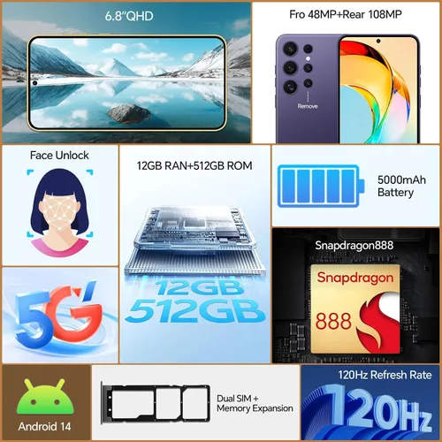 Miniatura 2 de Teléfonos desbloqueados, 12GB+512GB teléfonos Android desbloqueados, 5G Android 14 Smartphone, Snapdragon888, 5000mAh (plateado)