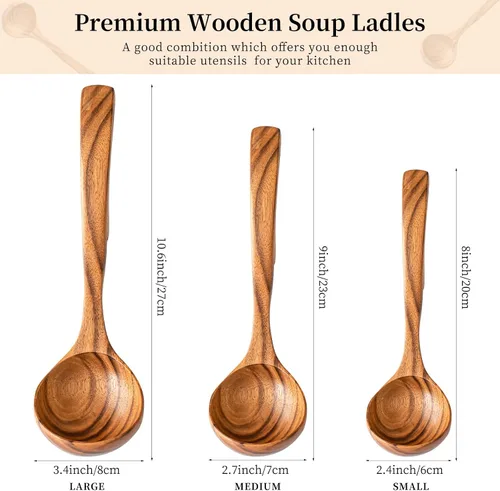 Miniatura 2 de Gudamaye Juego de cucharones de sopa de madera de 3 tamaños, 3 ganchos para tazón, olla. Cucharón de madera de teca natural, cucharón grande de sopa