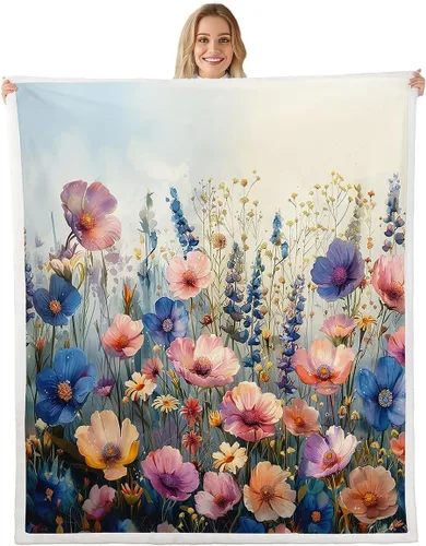 Miniatura 18 de Manfei Blue Flower Throw Blanket Watercolor Floral Print Fleece Blanket Botanical Wildflower Cozy Throws for Bed Couch Sofa,Kids Boys Girls Room