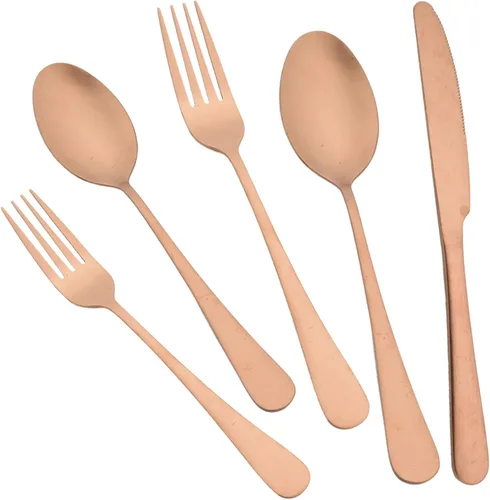 JASHII Juego de cubiertos de acabado satinado, 20 piezas, servicio para 4, juego de cubiertos de titanio, juego de utensilios de cobre mate, incluye