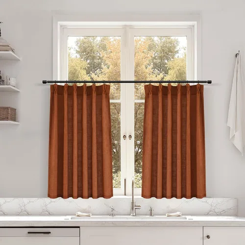 Miniatura 149 de Juego de 2 paneles de cortinas de ventana de cocina beige de 24 pulgadas de largo, con textura de lino, plisadas, filtrantes de luz, semi pequeñas