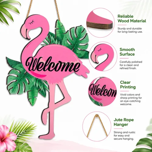 Miniatura 3 de Bucherry Letrero de bienvenida para puerta de flamenco, decoración tropical de verano, decoración tropical de madera, arte hawaiano de madera