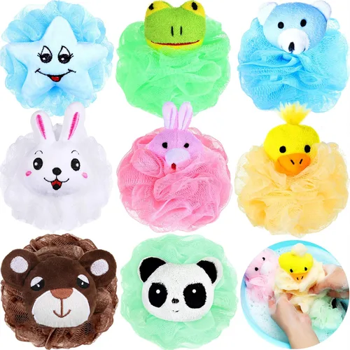 Boao Paquete de 8 esponjas de lufa para niños, lindas esponjas de baño de lufa de dibujos animados, de malla de animales, puf de lufa para niños,