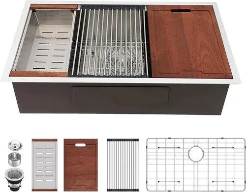 Miniatura 11 de Lordear Fregadero de cocina de montaje inferior de 23 pulgadas, estación de trabajo, fregadero de cocina de acero inoxidable calibre 16, cuenco