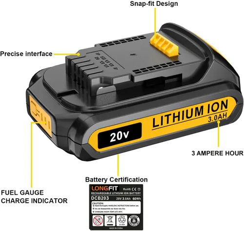 Miniatura 4 de Reemplazo para paquete de batería DEWALT 20V MAX, 3.0-Ah, 2 unidades, compatible con herramientas eléctricas inalámbricas Dewalt DCB200 DCD DCF DCG