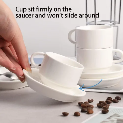 Miniatura 4 de Sweejar Tazas de café expreso de porcelana con platillos apilables de 2.5 onzas con soporte de metal para bebidas de café, café con leche, té, juego