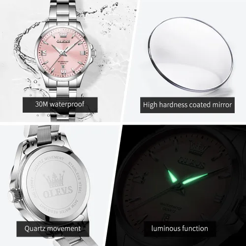 Miniatura 6 de OLEVS Relojes de acero inoxidable para mujer, reloj plateado de lujo para mujer con fecha, resistente al agua, analógico de cuarzo, delicado reloj