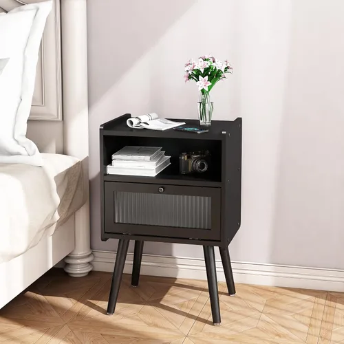 Miniatura 7 de Mesita de noche moderna de mediados de siglo, mesa auxiliar con almacenamiento, mesitas de noche con puerta de cristal, mesa auxiliar con patas