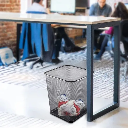 Miniatura 7 de Paquete de 10 cubos de basura de metal cuadrados negros de 6 galones, cubos de basura de malla para oficina, papeleras de alambre de metal, canasta