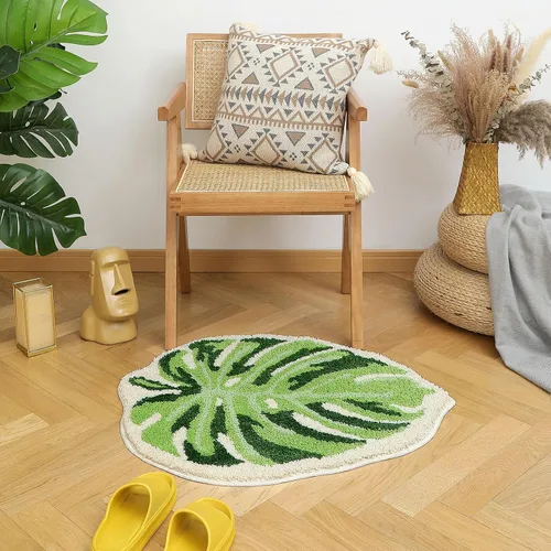 Miniatura 5 de Litabel Juego de Alfombras de Baño de Hoja Verde de 2 Piezas, Lindas Alfombrillas de Baño Antideslizantes en Forma de Monstera de Felpa, Juego