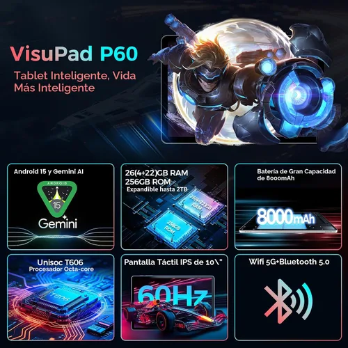 Miniatura 2 de Tableta con teclado, tableta Android 15 2026 con 26GB+256GB+2TB Expand, Tablet PC de 10 pulgadas con 8 núcleos, Gemini AI, WiFi 5G, 8000mAh, BT5.0