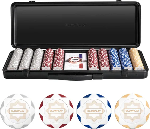 Miniatura 13 de SLOWPLAY Juego de fichas de póker de 14g de arcilla para Texas Hold'em, 500 piezas, con valores numerados, estilo Art Deco, y estuche de transporte
