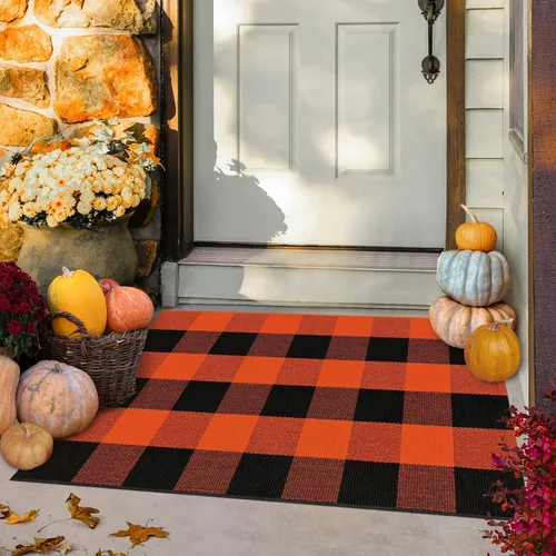 Miniatura 5 de Alfombra Buffalo Plaid Pequeña a Cuadros 2x3 Pies (61x91 cm) Naranja y Negro, Tapete para Puerta Delantera, Navidad Halloween Acción de Gracias